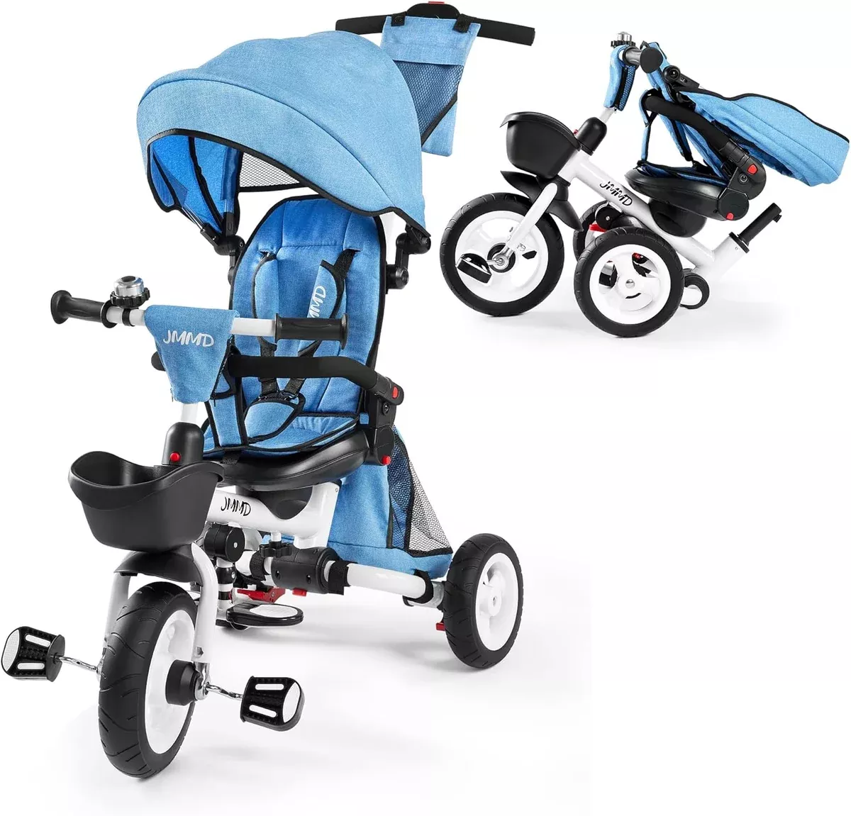 JMMD 7-In-1 FOLDING Kids' Baby Tricycle, Removable Canopy, Safety Harness